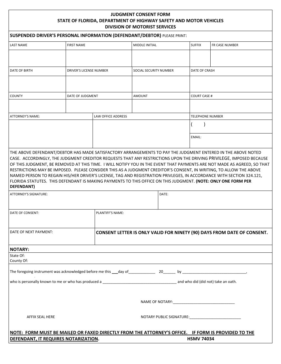 Form HSMV74034 Judgment Consent Form - Florida, Page 1