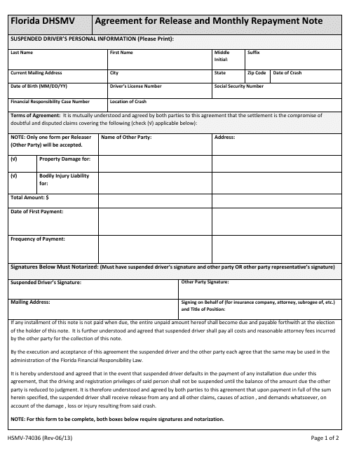 Form HSMV-74036 Agreement for Release and Monthly Repayment Note - Florida