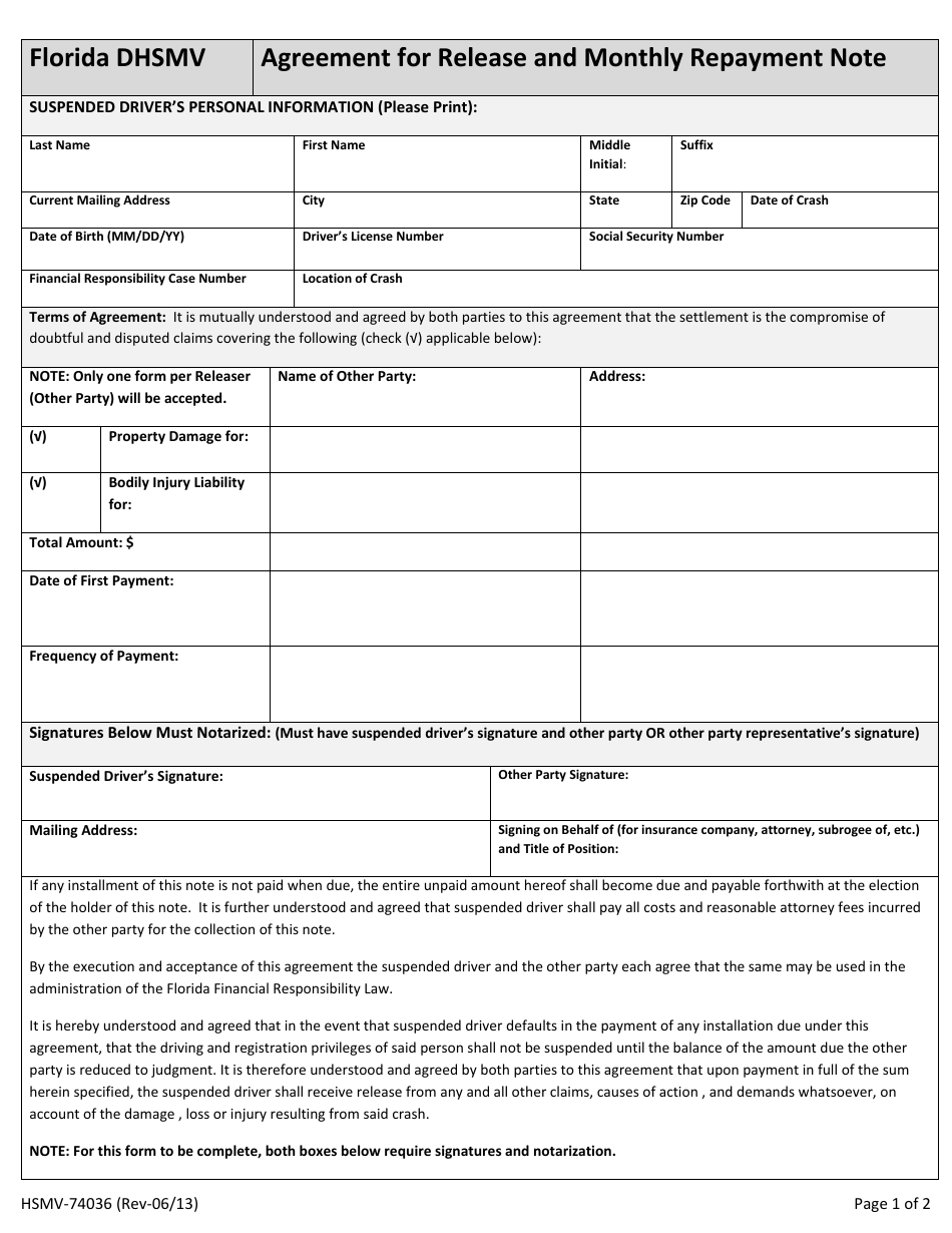 Form HSMV-74036 Agreement for Release and Monthly Repayment Note - Florida, Page 1