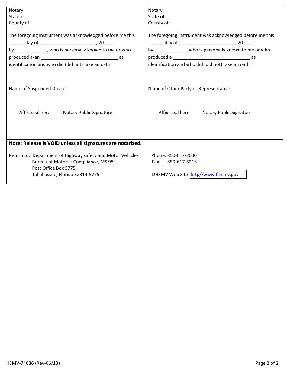 Form HSMV-74036 Agreement for Release and Monthly Repayment Note - Florida, Page 2