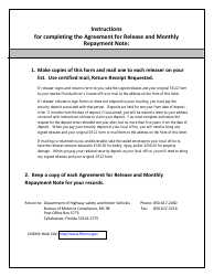 Form HSMV-74036 Agreement for Release and Monthly Repayment Note - Florida, Page 3