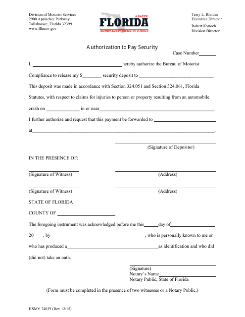 Form HSMV74039  Printable Pdf