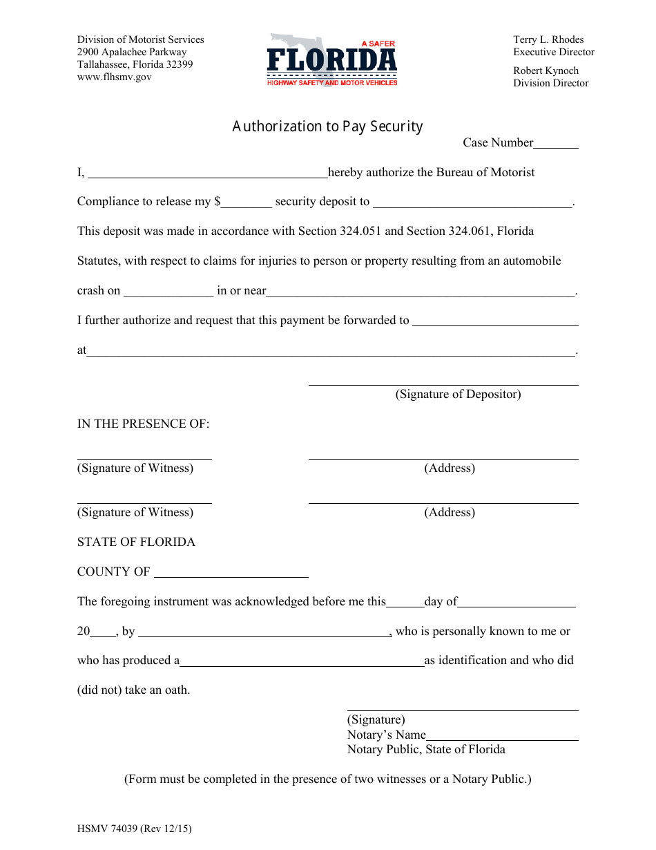 Form HSMV74039 Authorization to Pay Security - Florida, Page 1