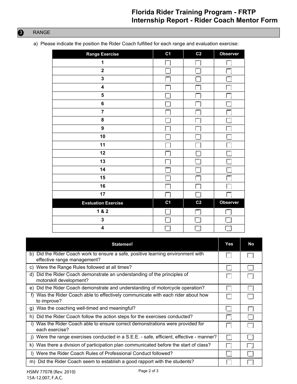 Form HSMV77078 Ridercoach Intern Form - Florida, Page 2