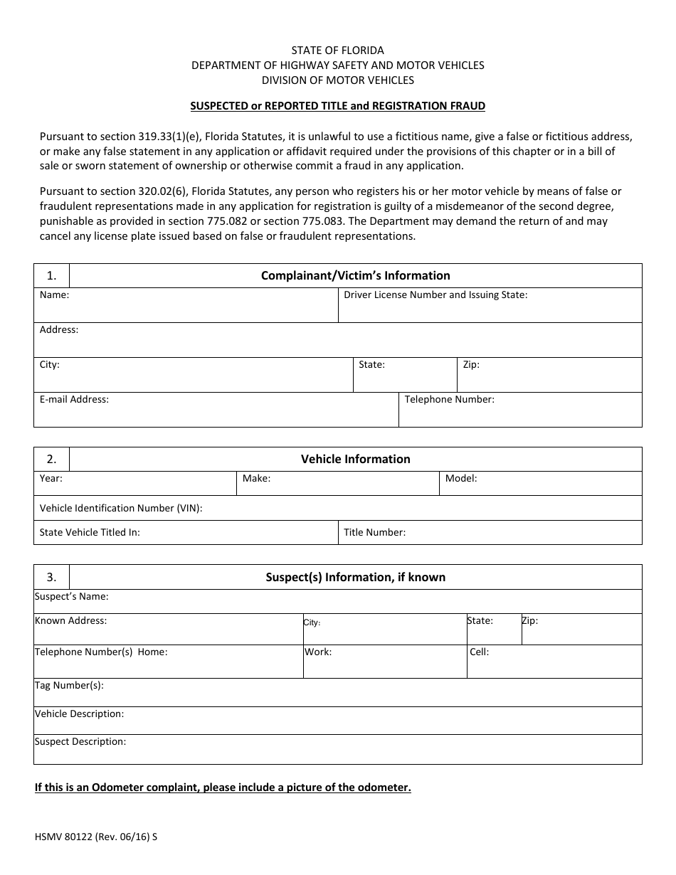 Form HSMV80122 Application for Suspected or Reported Title and Registration Fraud - Florida, Page 1
