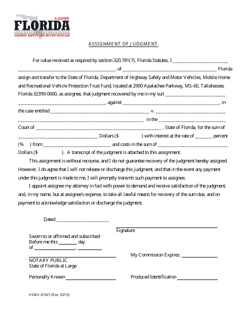 Form HSMV-81027 Assignment of Judgment - Florida