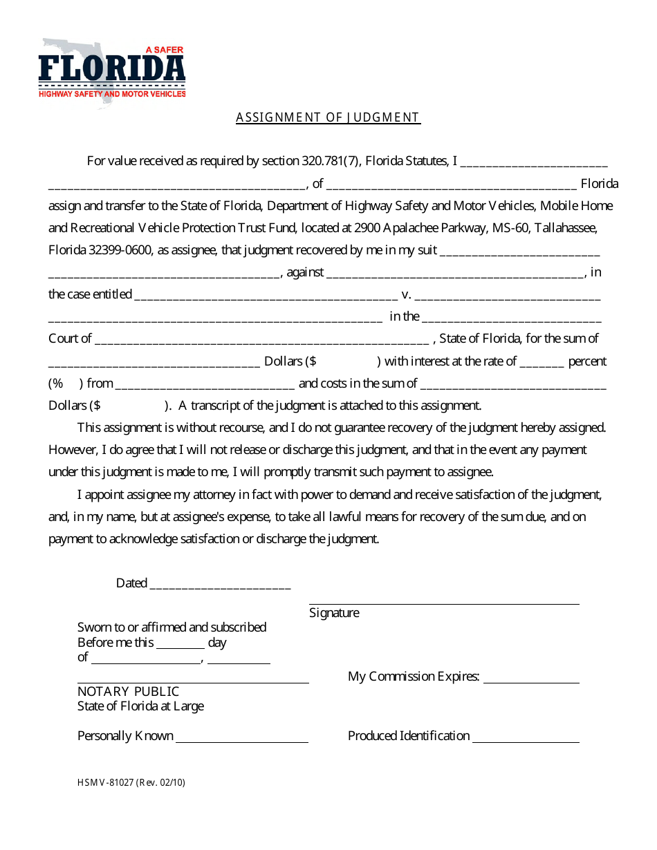 Form HSMV-81027 Assignment of Judgment - Florida, Page 1