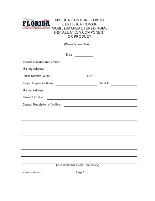 Form HSMV-81032 Application for Florida Certification of Mobile/Manufactured Home Installation Component or Product - Florida