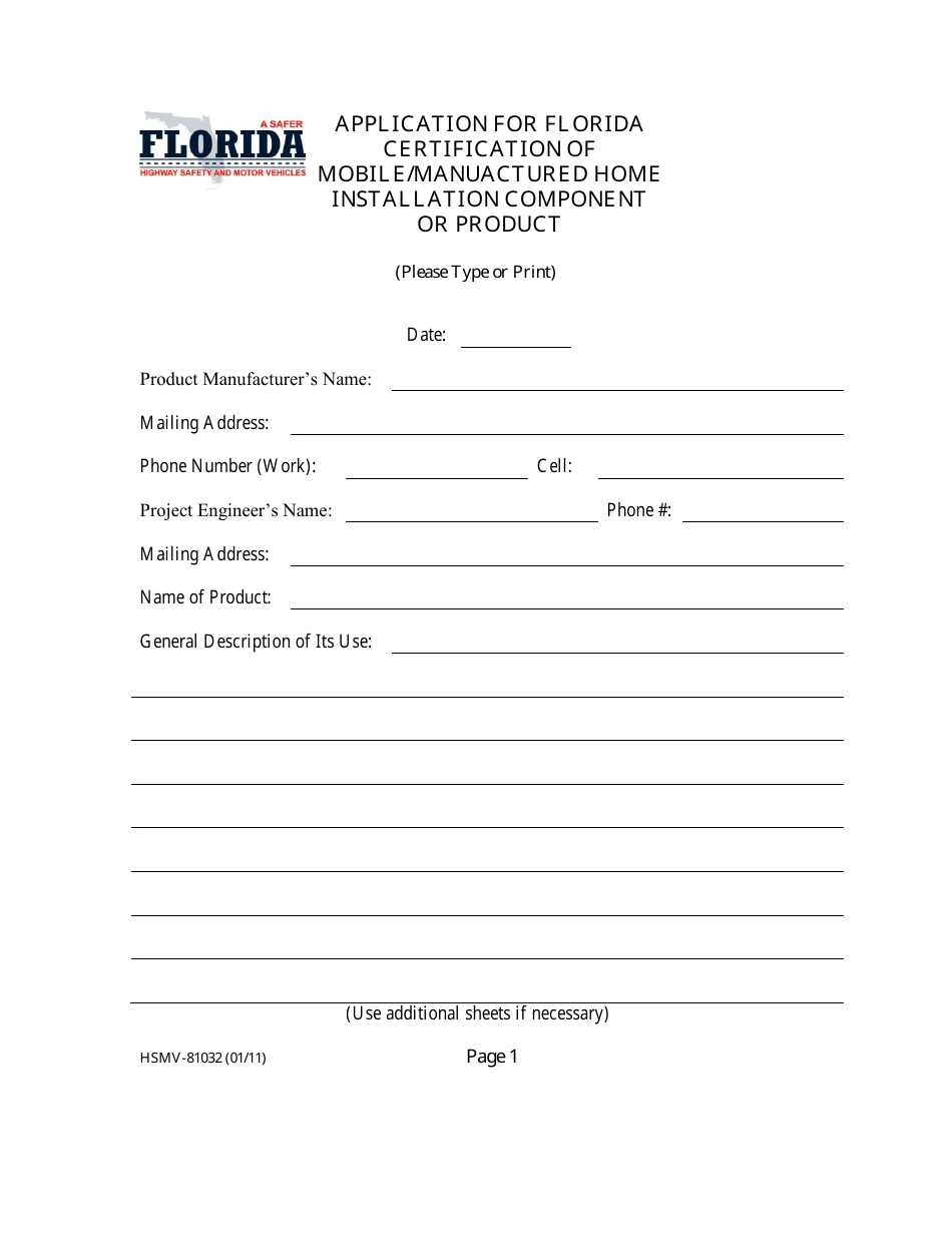 Form HSMV-81032 Application for Florida Certification of Mobile / Manufactured Home Installation Component or Product - Florida, Page 1