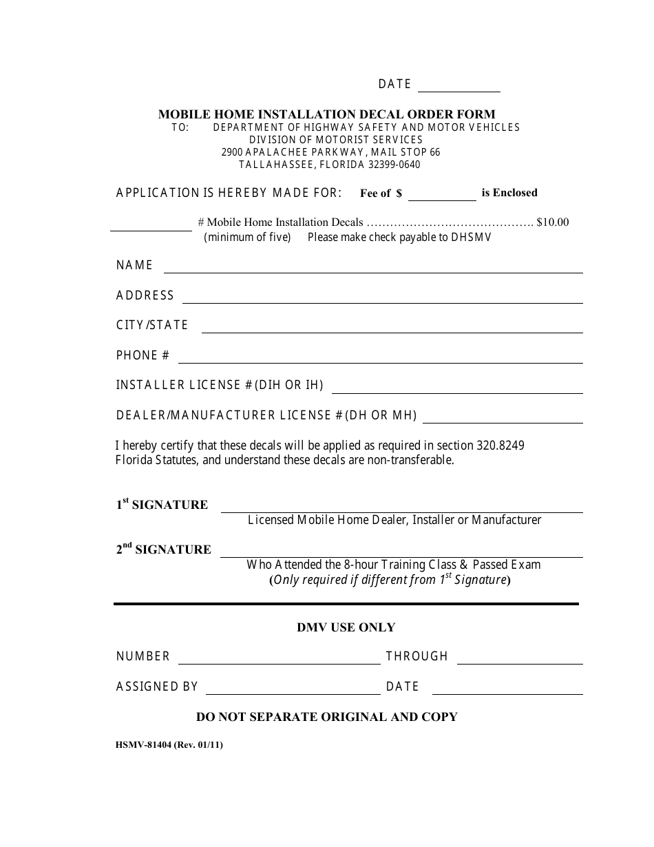 Form HSMV-81404 Mobile Home Installation Decal Order Form - Florida, Page 1