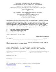 Form HSMV87243 Antique Vessel Certification - Florida