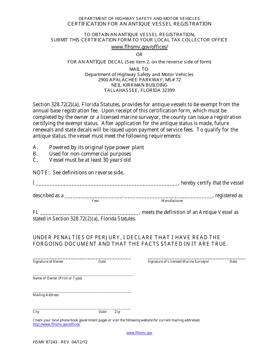 Form HSMV87243 Antique Vessel Certification - Florida, Page 1