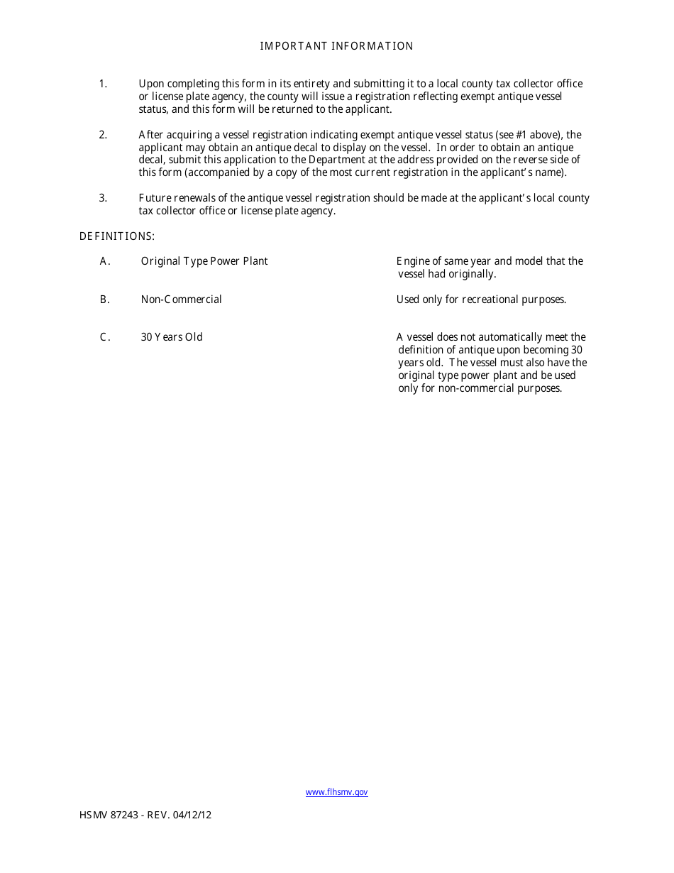 Form HSMV87243 Antique Vessel Certification - Florida, Page 2