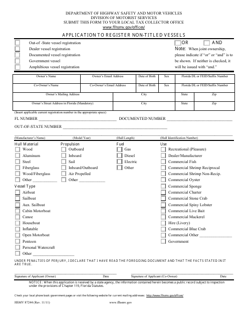 Form HSMV87244 Application to Register Non-titled Vessels - Florida