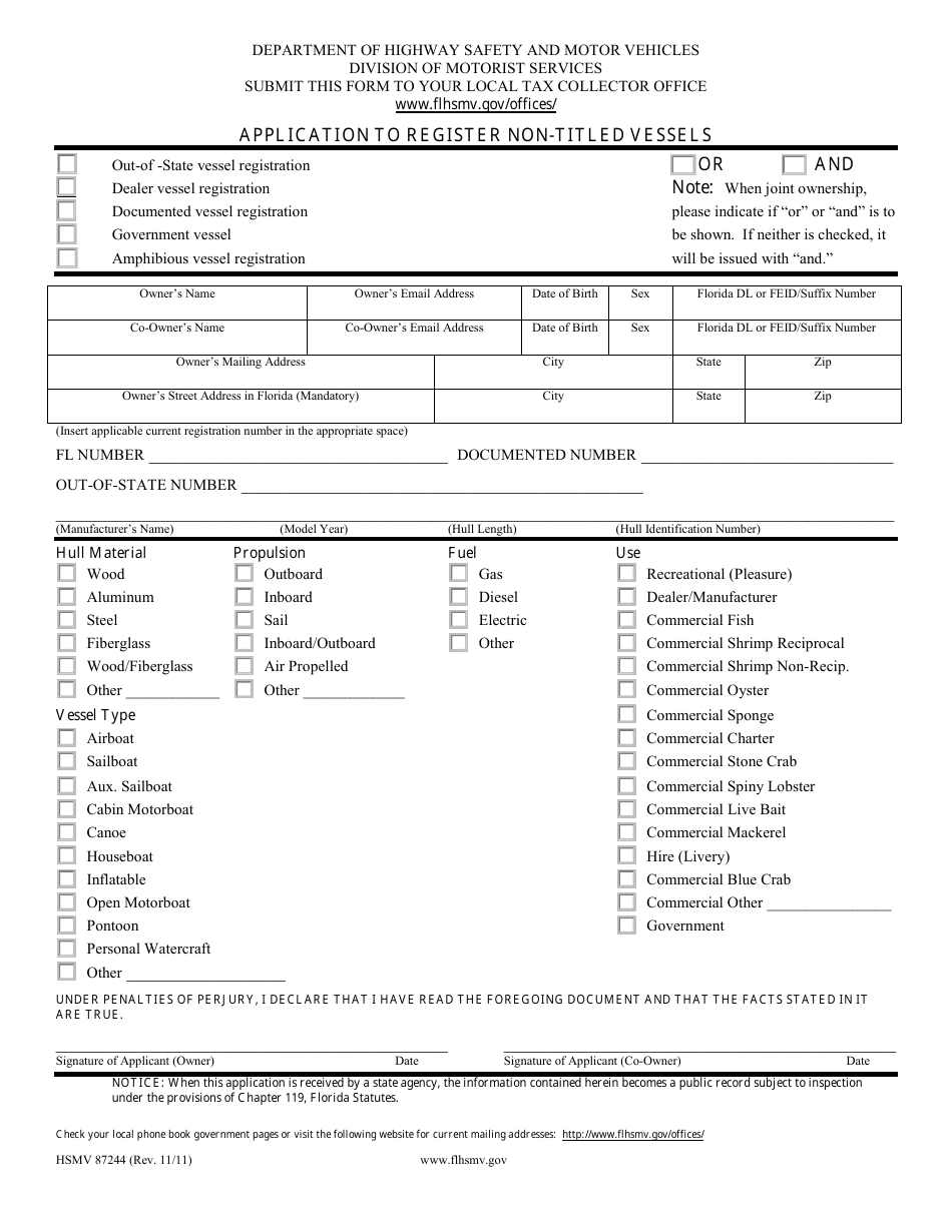 Form HSMV87244 Application to Register Non-titled Vessels - Florida, Page 1