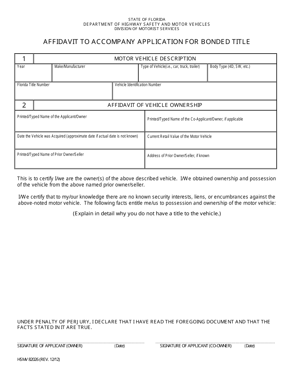 Form HSMV82026 Affidavit to Accompany Application for Bonded Title - Florida, Page 1