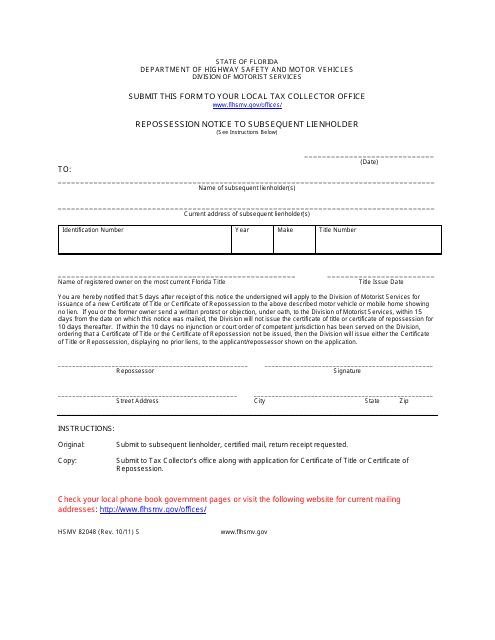 Form HSMV82048 Vehicle Identification Number and Repossession Notice to Subsequent Lienholder - Florida