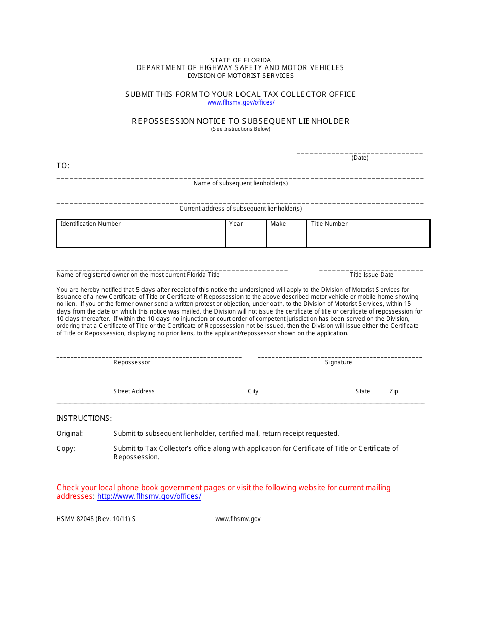 Form HSMV82048 Vehicle Identification Number and Repossession Notice to Subsequent Lienholder - Florida, Page 1