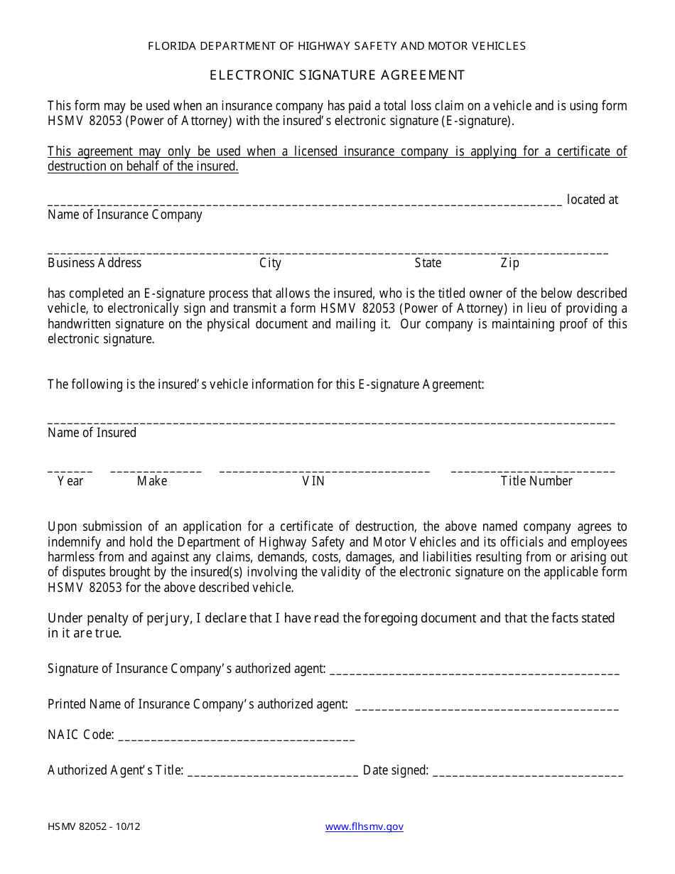 Form HSMV82052 Electronic Signature Agreement - Florida, Page 1