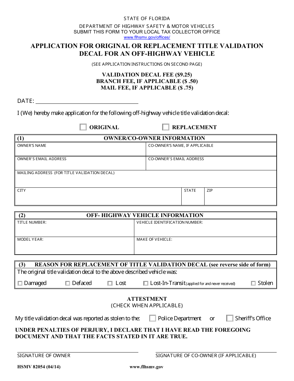 Form HSMV82054 Application for Original or Replacement Title Validation Sticker for an Off-Highway Vehicle - Florida, Page 1