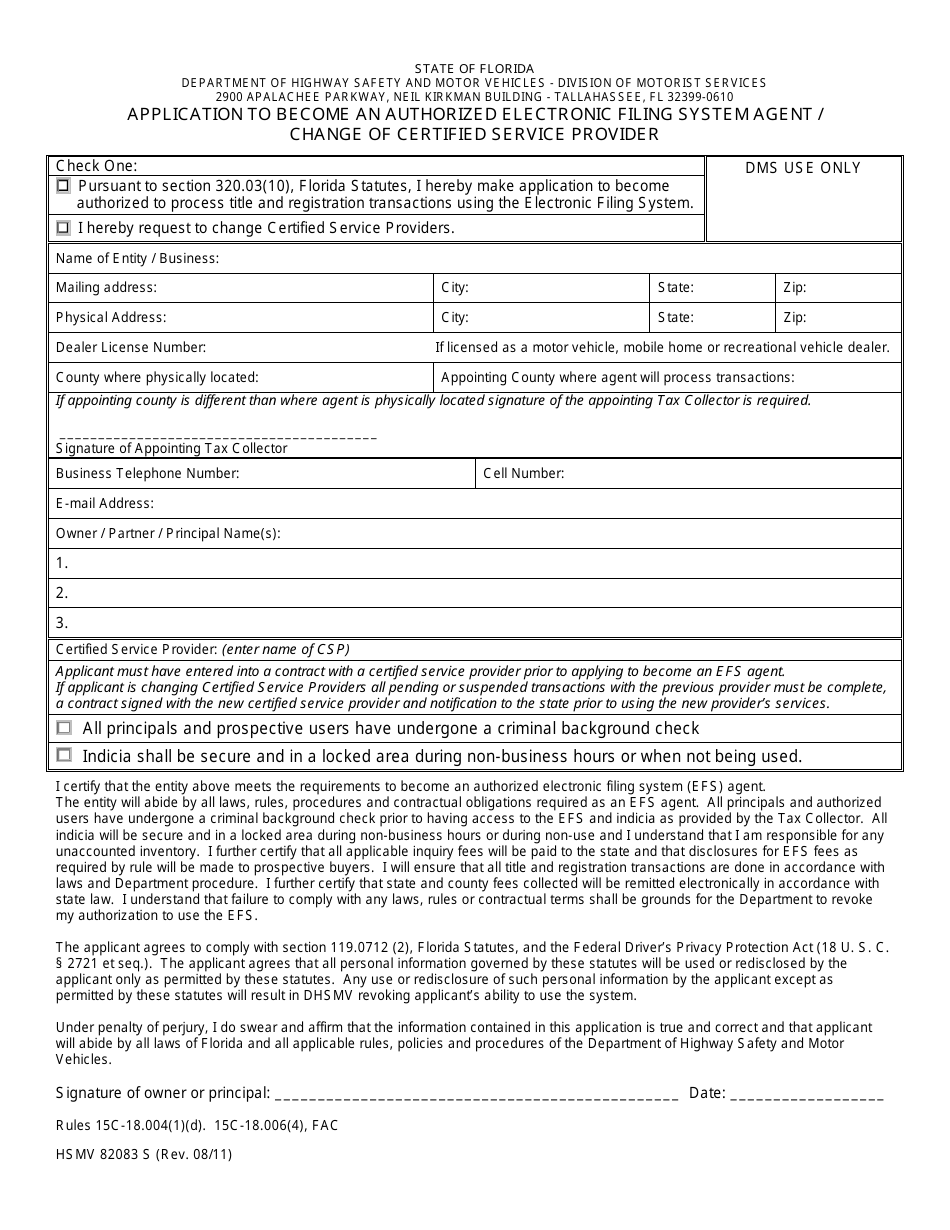 Form HSMV82083 S Application to Become an Authorized Electronic Filing System Agent / Change of Certified Service Provider - Florida, Page 1