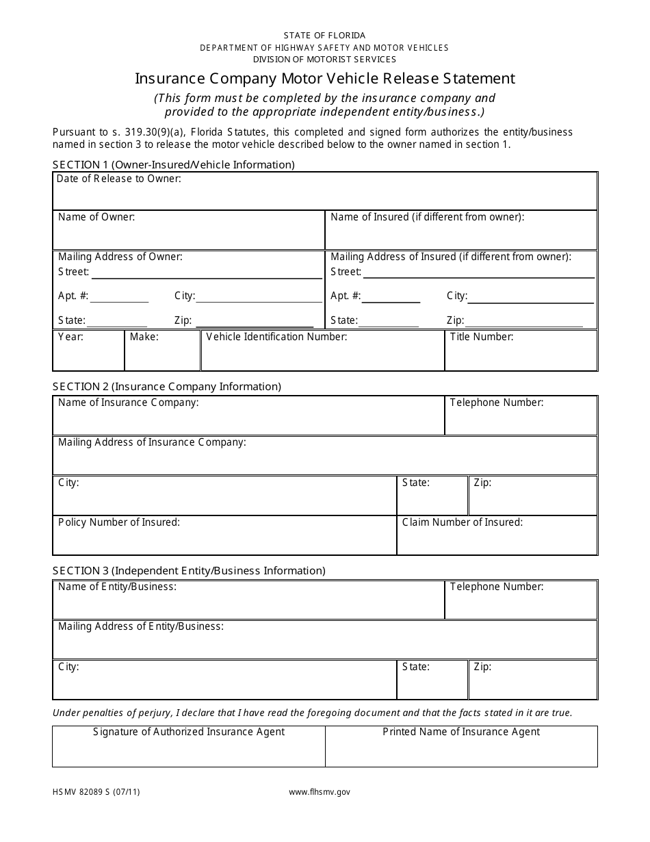 Form HSMV82089 Insurance Company Motor Vehicle Release Statement - Florida, Page 1