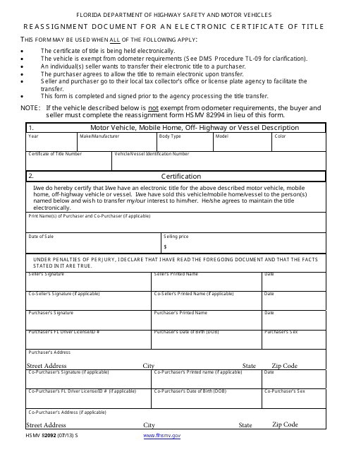 Form HSMV82092 Reassignment Document for an Electronic Certificate of Title - Florida