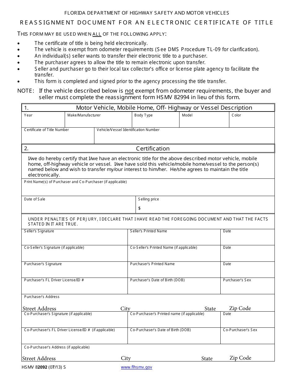 Form HSMV82092 Reassignment Document for an Electronic Certificate of Title - Florida, Page 1