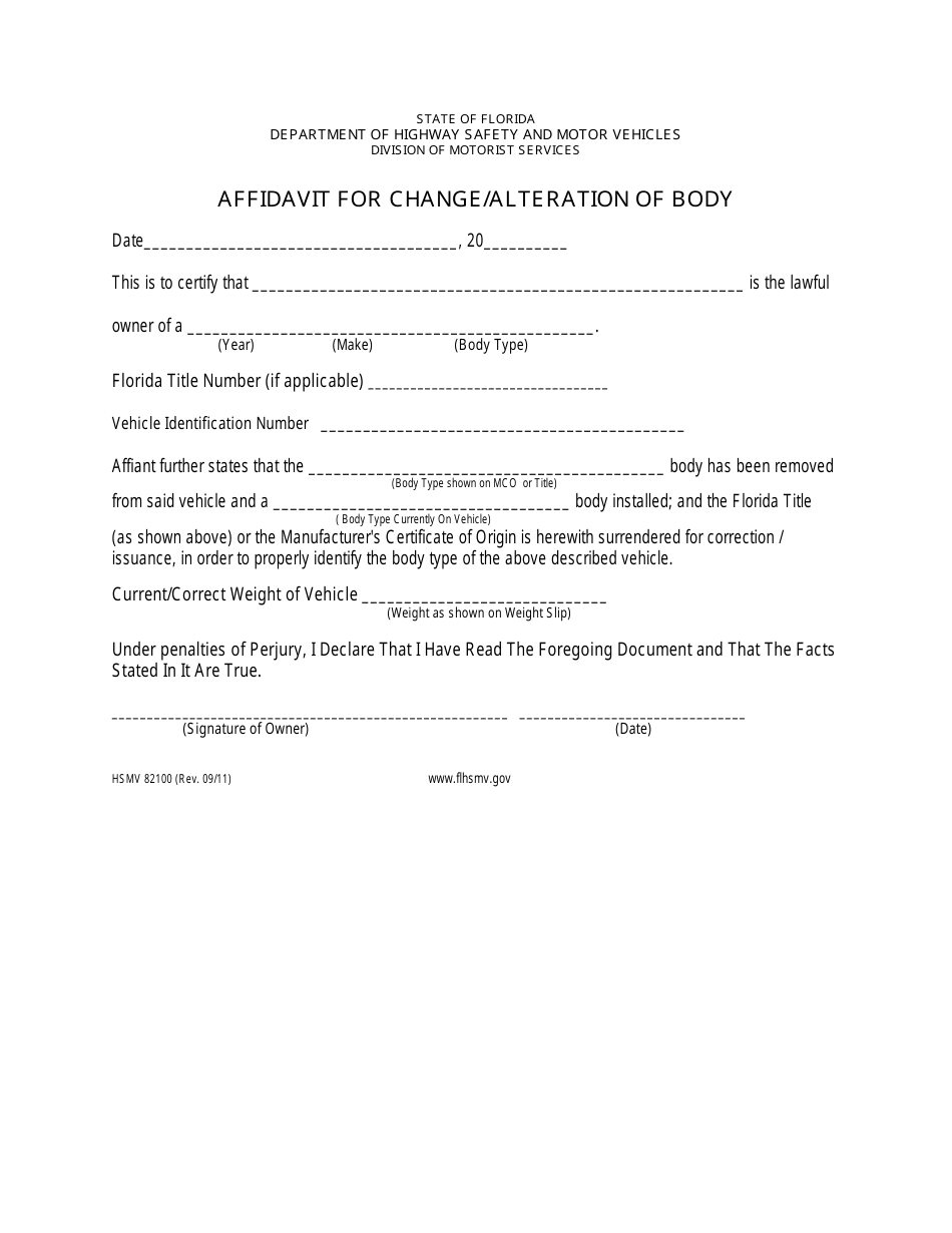 Form HSMV82100 Affidavit for Change / Alteration of Body - Florida, Page 1