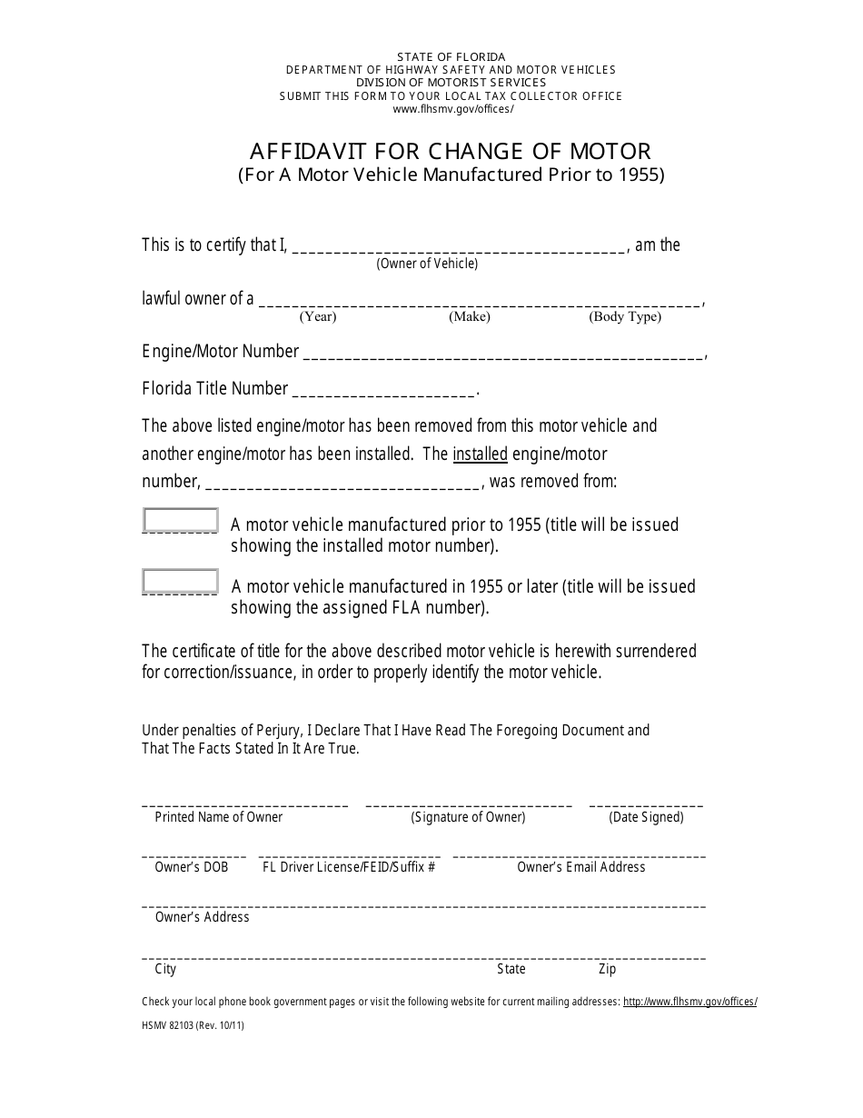 Form HSMV82103 Affidavit for Change of Motor (For a Motor Vehicle Manufactured Prior to 1955) - Florida, Page 1