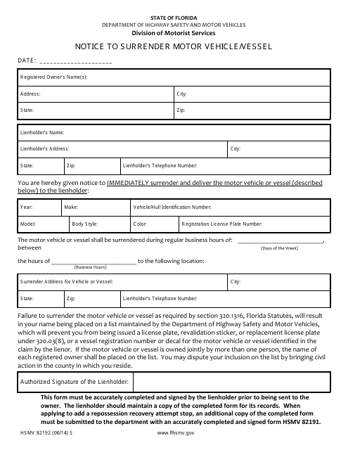 Form HSMV82192 Download Fillable PDF Or Fill Online Notice To Surrender 