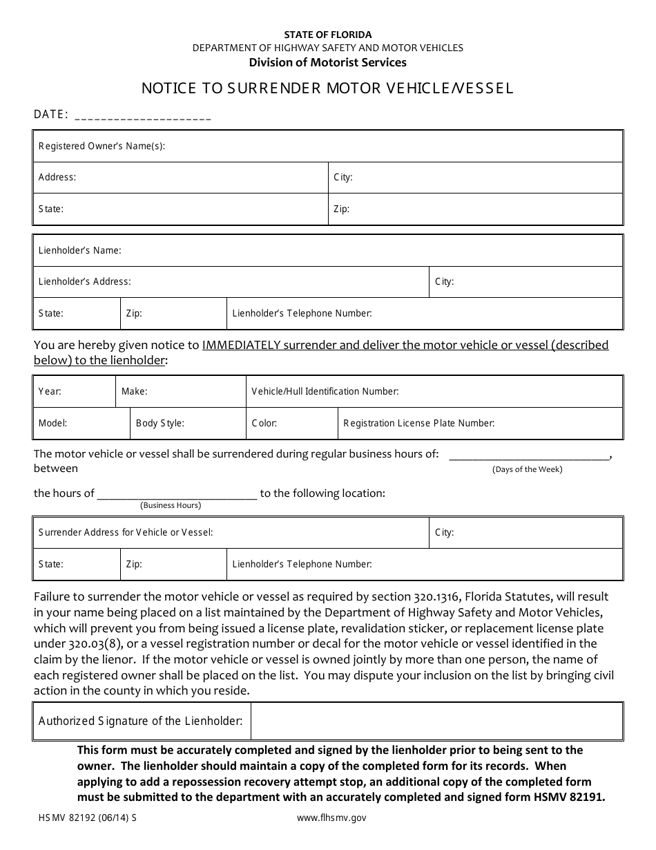 Form HSMV82192 Notice to Surrender Motor Vehicle/Vessel - Florida, Page 1