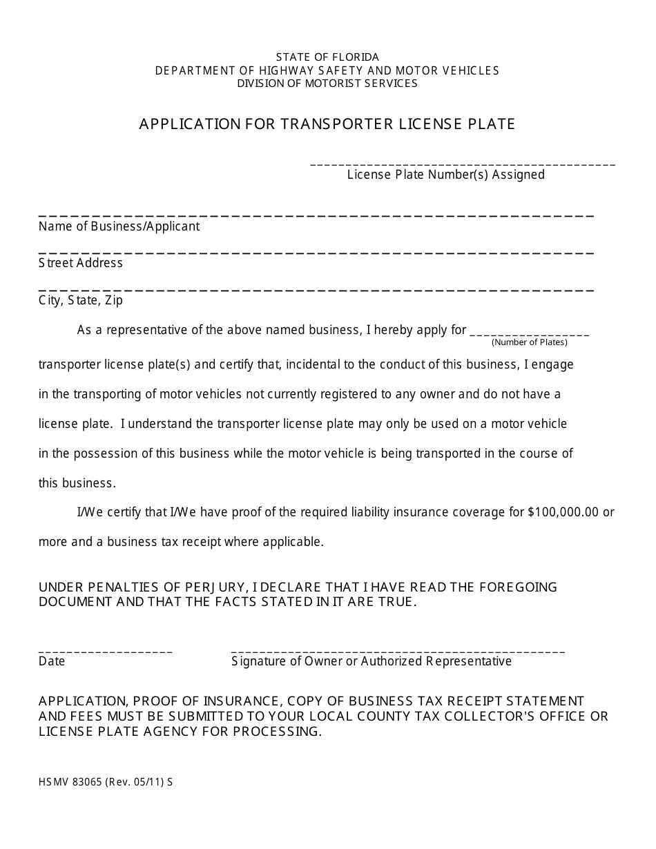 Form HSMV83065 Application for Transporter License Plate - Florida, Page 1