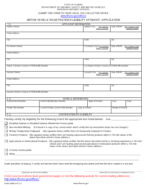 Form HSMV83080 Motor Vehicle Registration Eligibility Affidavit / Application - Florida