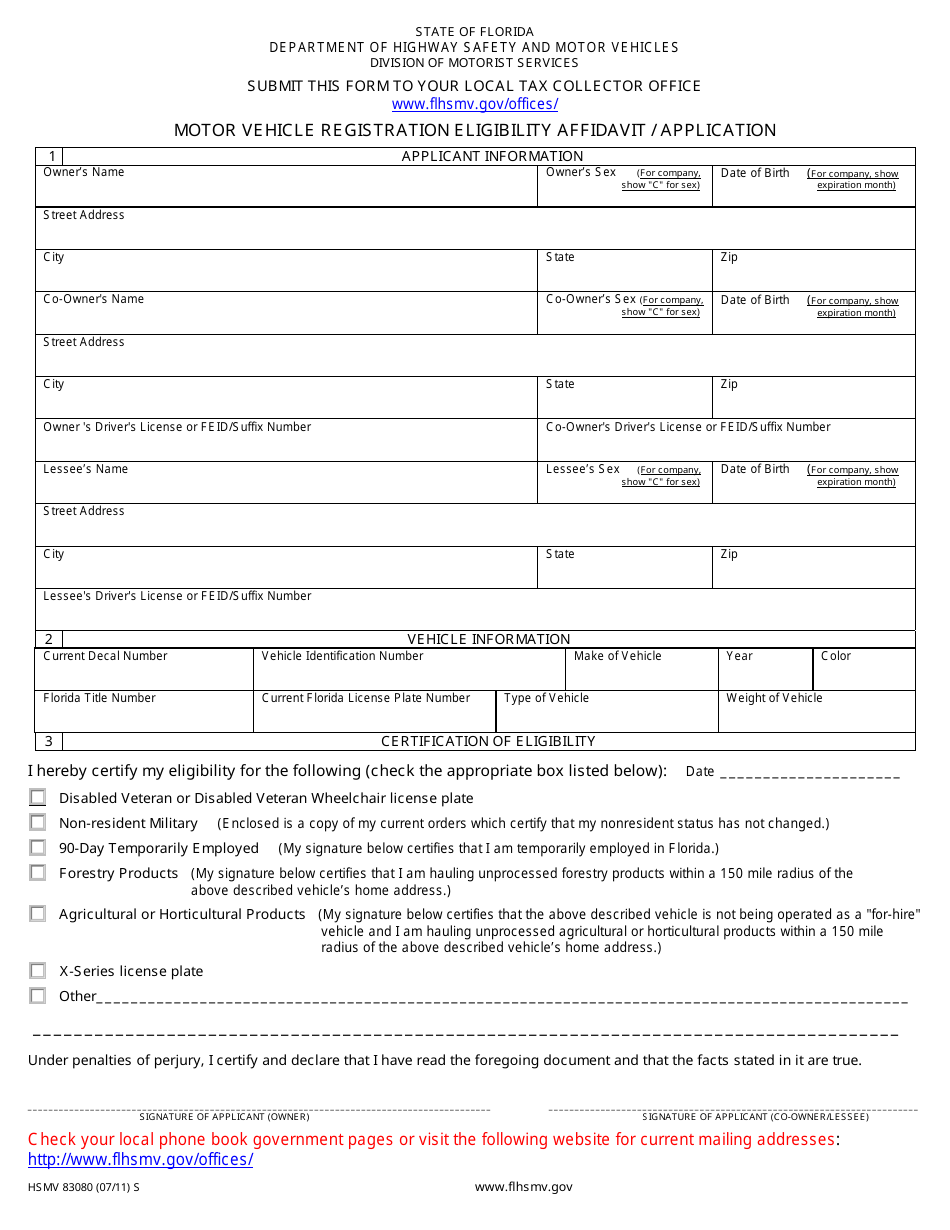 Form HSMV83080 Motor Vehicle Registration Eligibility Affidavit / Application - Florida, Page 1