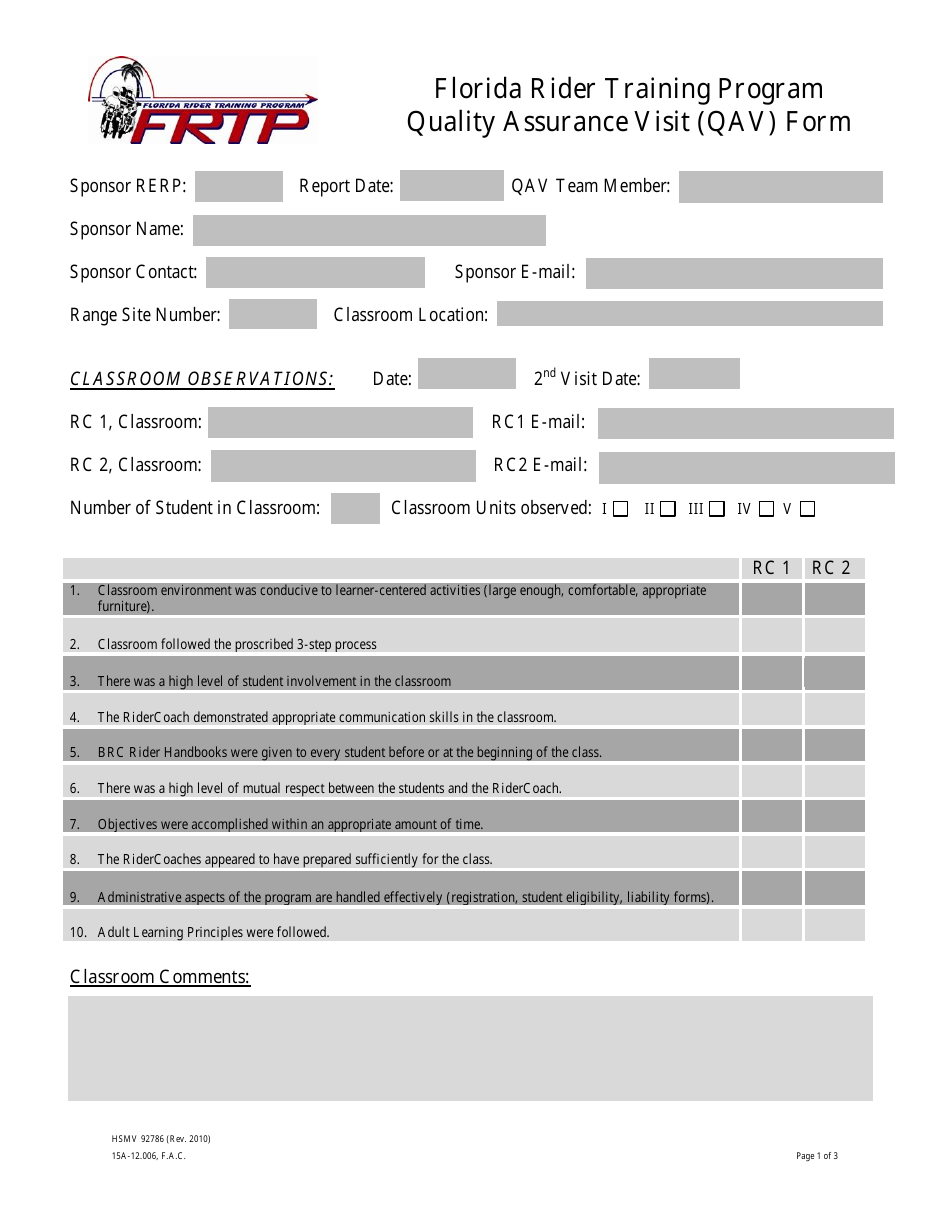 Form HSMV92786 Frtp Quality Assurance Visit (Qav) Form - Florida, Page 1