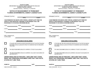 Document preview: Form HSMV83036 Notice of Reassignment of Permanent Florida Governmental Agency License Plate - Florida