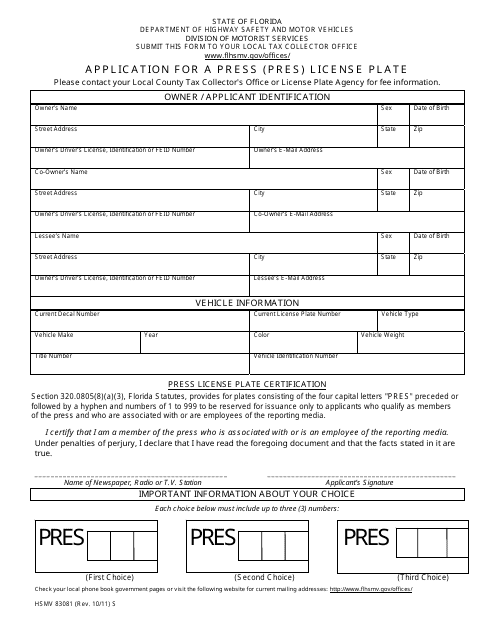 Form HSMV83081 Application for a Press (Pres) License Plate - Florida