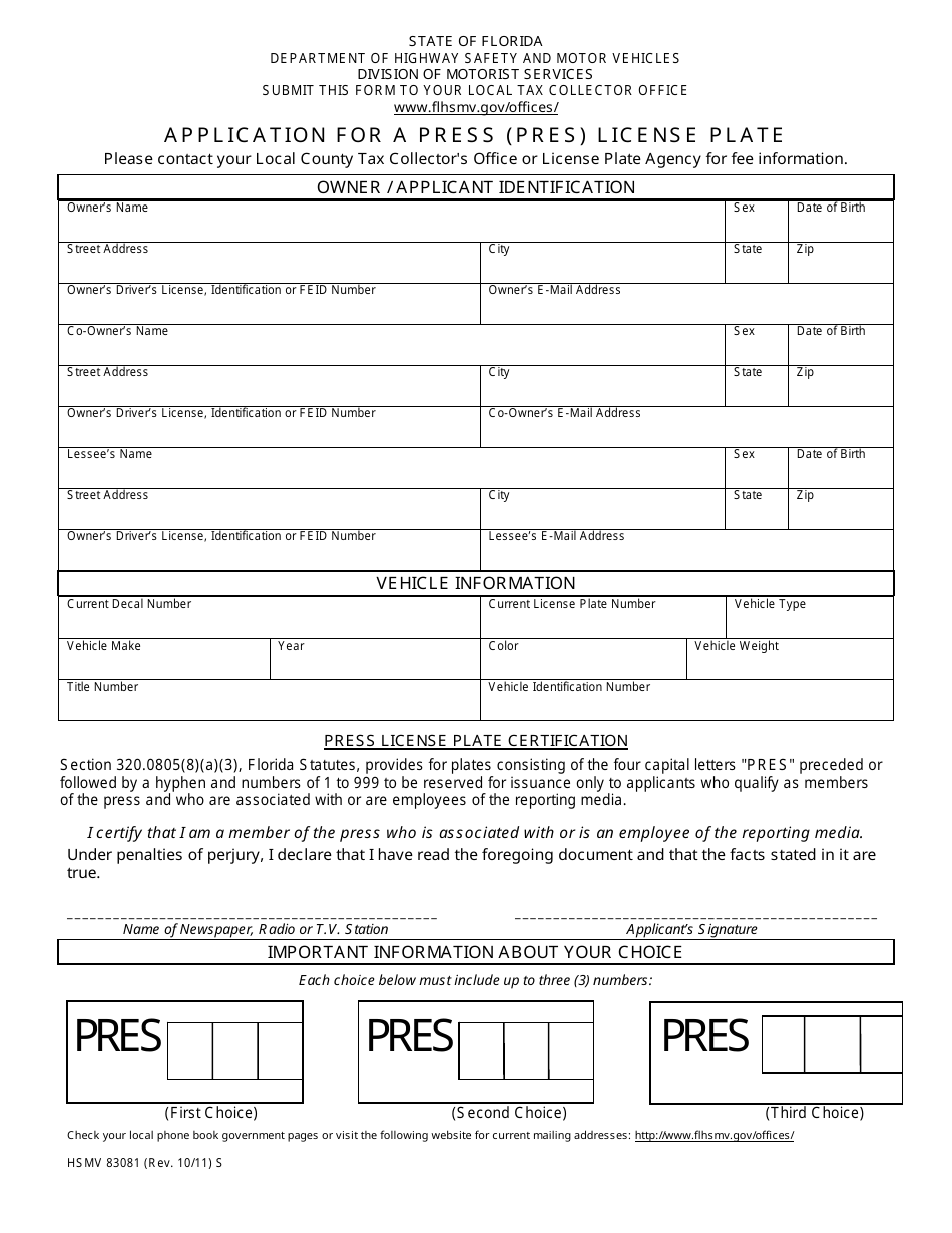 Form HSMV83081 Application for a Press (Pres) License Plate - Florida, Page 1