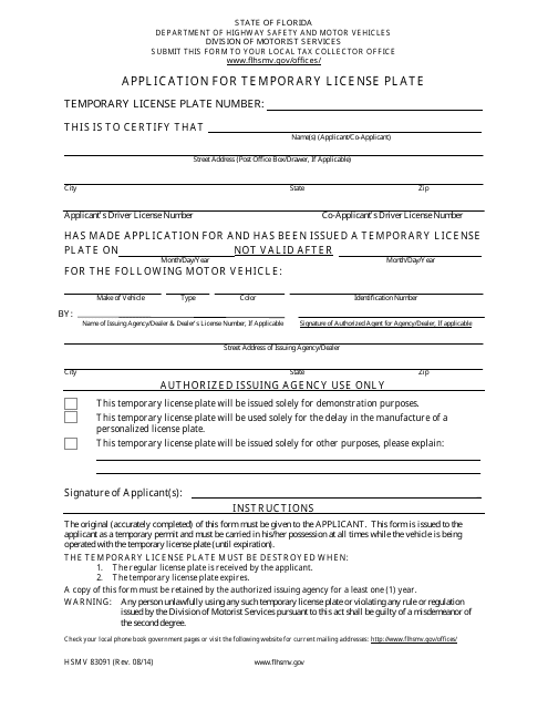 Form HSMV83091 Application for Temporary License Plate - Florida