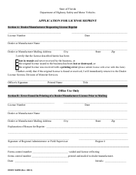 Document preview: Form HSMV84050 Application for License Reprint - Florida