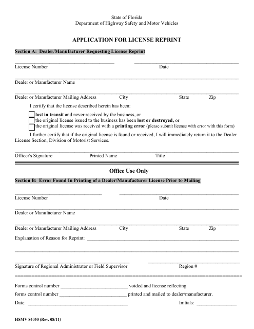 Form HSMV84050 Application for License Reprint - Florida