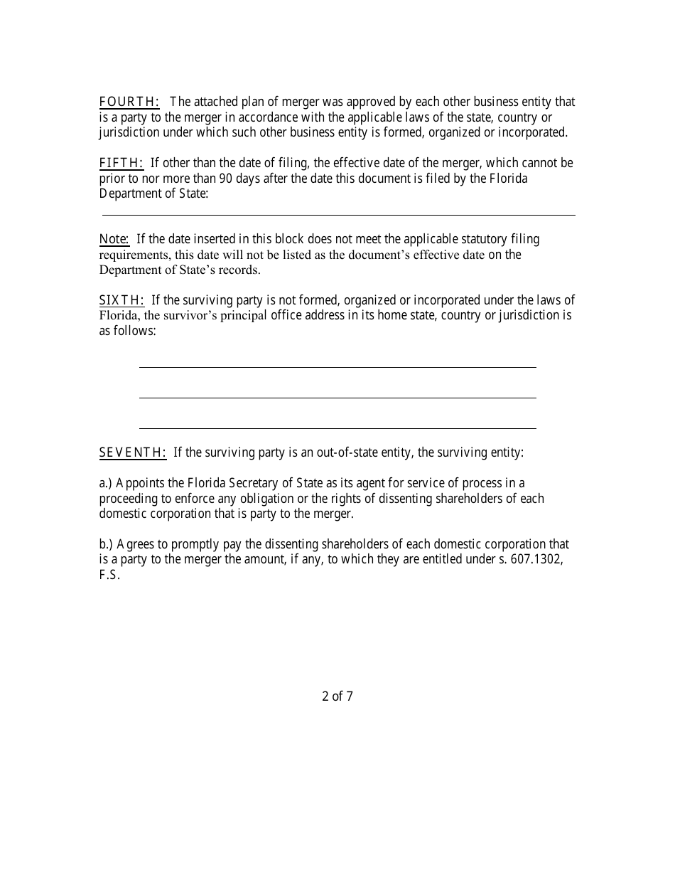 Form CR2E120 Articles of Merger for Florida Profit or Non-profit Corporation Into Other Business Entity - Florida, Page 4