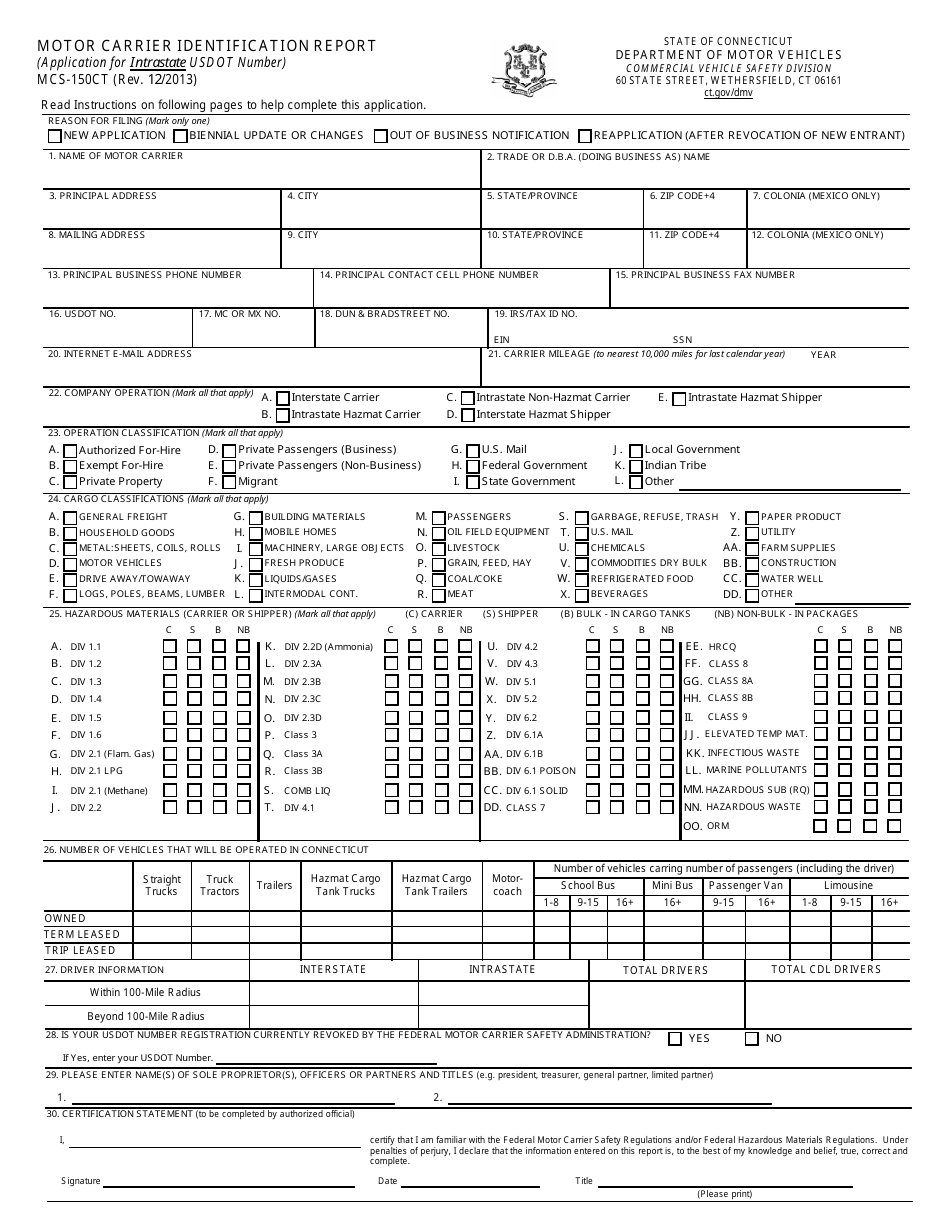 Form MCS-150CT Motor Carrier Identification Report - Connecticut, Page 1