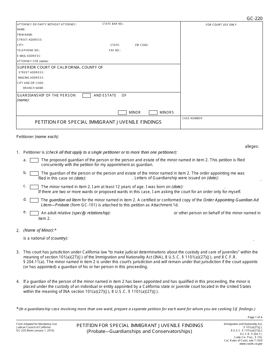 Form GC-220 Petition for Special Immigrant Juvenile Findings - California, Page 1