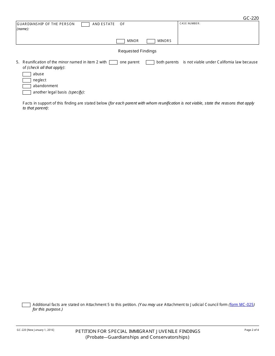 Form GC-220 Petition for Special Immigrant Juvenile Findings - California, Page 2