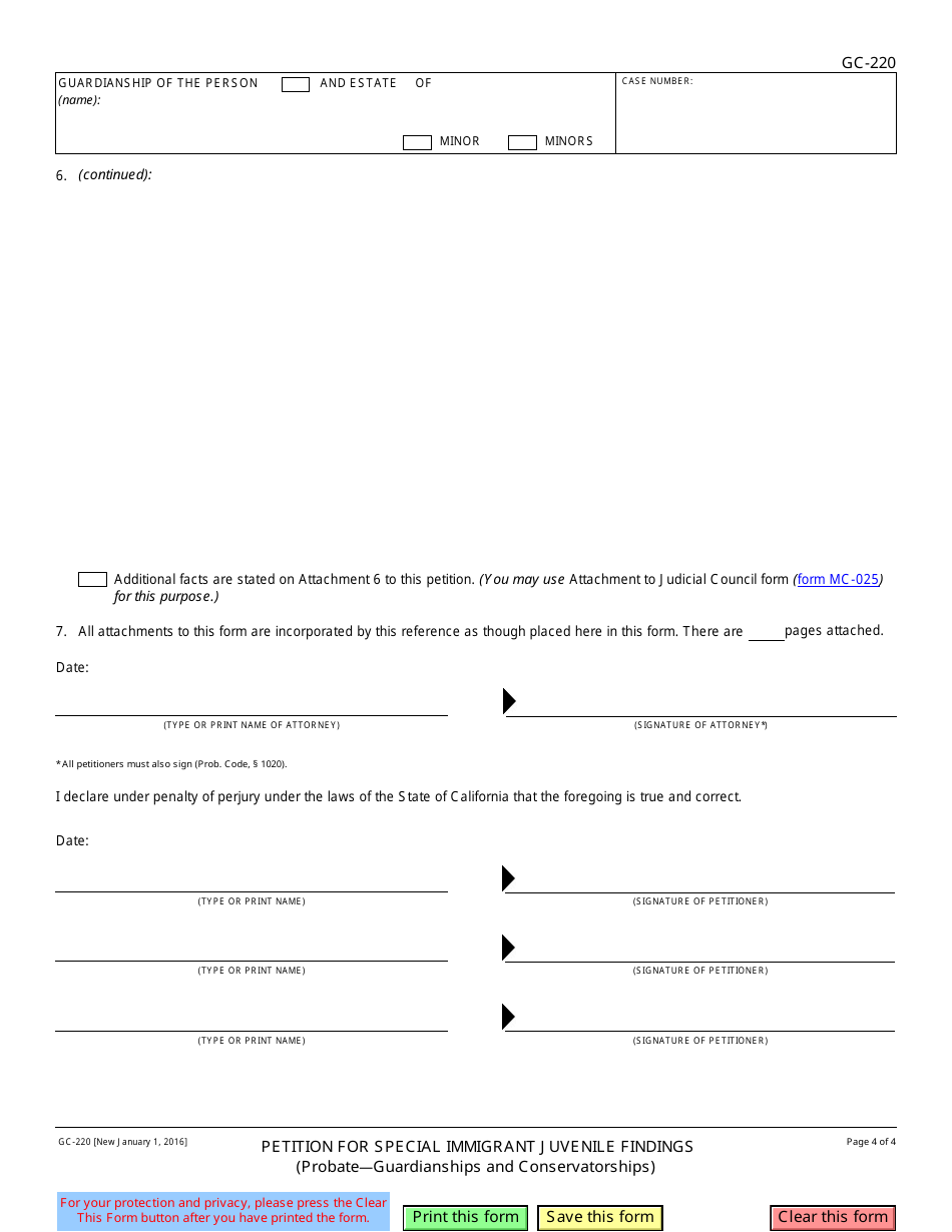 Form GC-220 Petition for Special Immigrant Juvenile Findings - California, Page 4