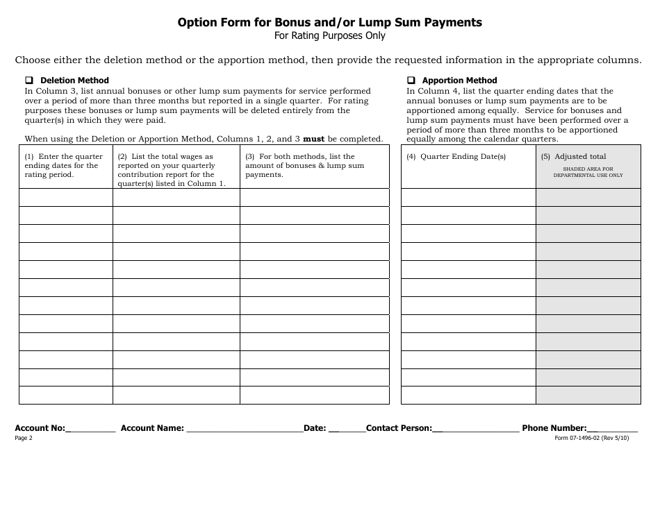 Form 07-1496-02 Option Form for Bonus and / or Lump Sum Payments - Alaska, Page 1