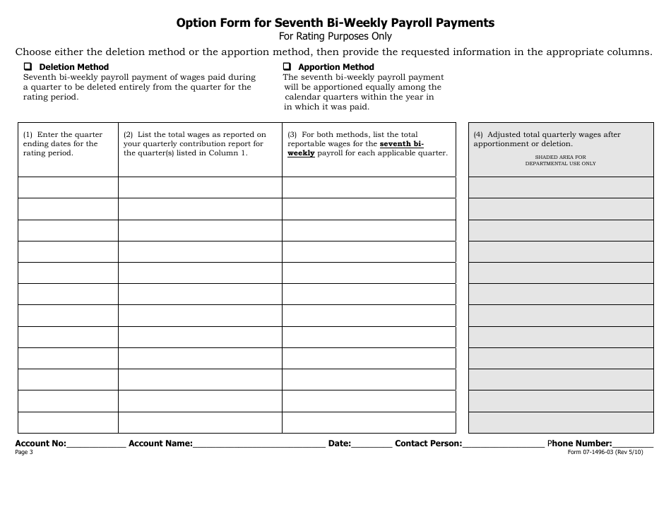Form 07-1496-03 Option Form for Seventh BI-Weekly Payroll Payments - Alaska, Page 1