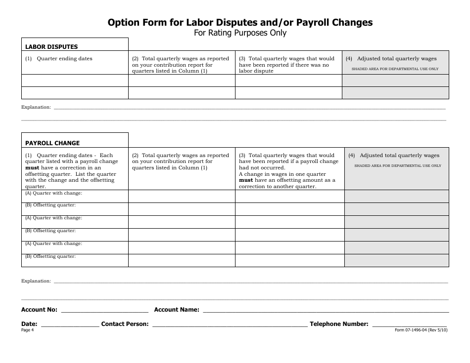 Form 07-1496-04 Option Form for Labor Disputes and / or Payroll Changes - Alaska, Page 1